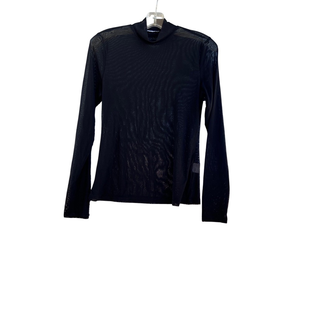 Kate Kasin Black Sheer Mesh Mock Neck Long Sleeve Top Womens Large Layering Tee